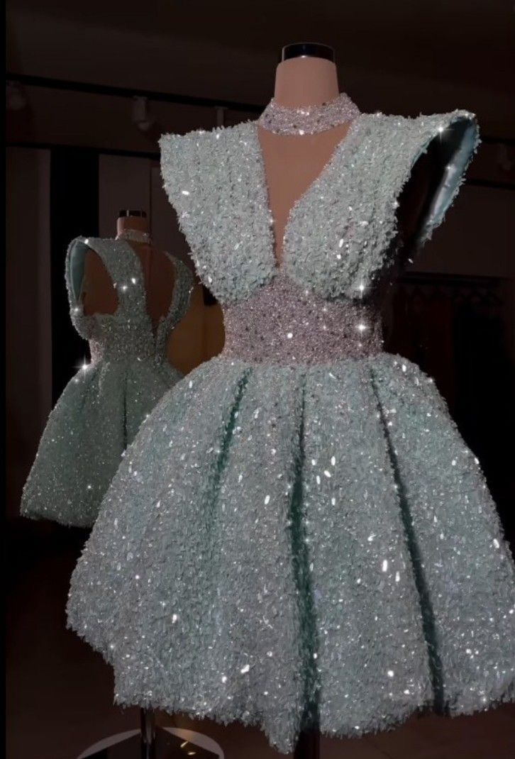 Light green sleeveless slim waist shiny short skirt homecoming dress R3550