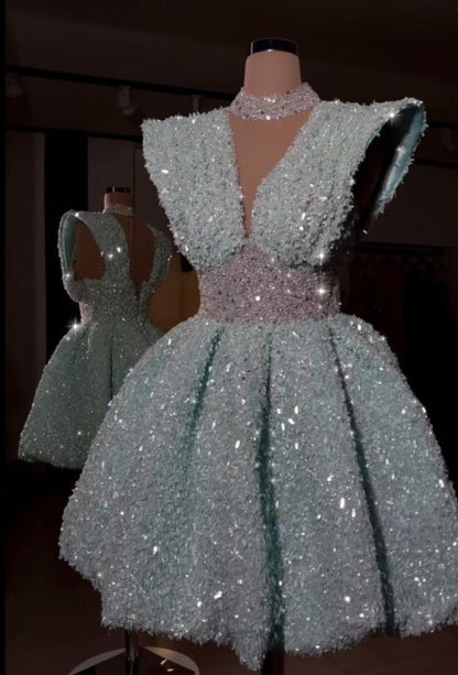 Light green sleeveless slim waist shiny short skirt homecoming dress R3550