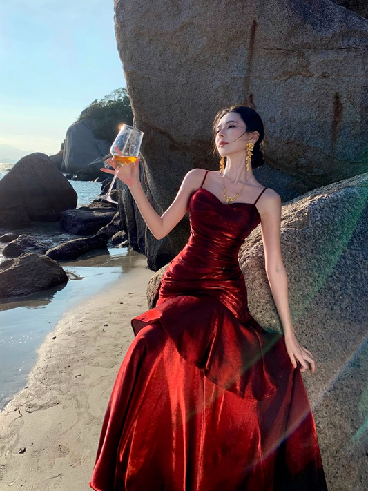 Fairy mermaid dress ruffled high-grade temperament red dress R1716