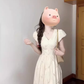 Temperament white v-neck puff sleeve dress female 2025 new beautiful waist slimming a-line long skirt R0456