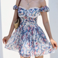 Retro countryside blue floral print dress lace one shoulder vacation skirt R2869