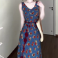 Retro V-neck floral suspender dress high-end waist temperament long skirt R0772