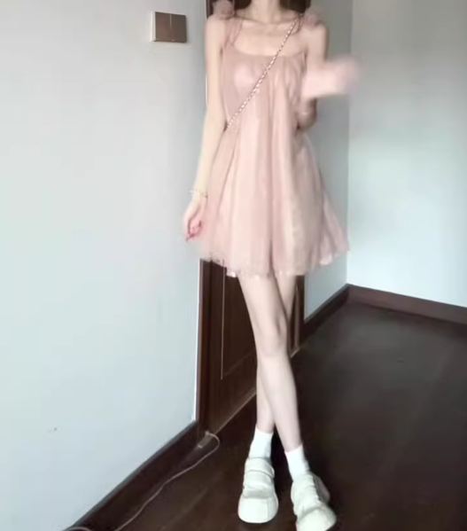 Gentle temperament pink mesh sling dress beautiful loose A-line short skirt R0723