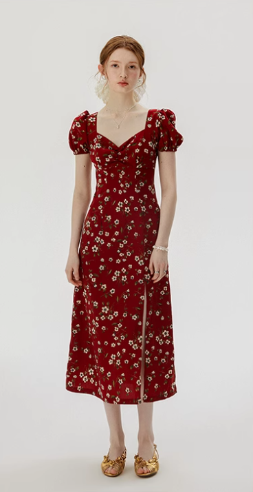 French floral dress red dress summer petite red dress long skirt female high-end wear R3492