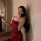 Burgundy Temperament Pleated Suspender Dress Satin Slim Irregular Inner Skirt R1428