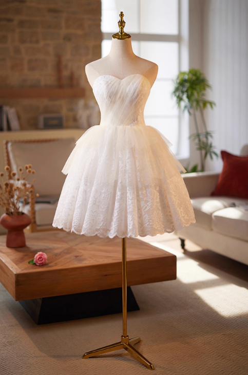 Minimalist White Lace A-Line Strapless Corset Mini Birthday Dress Homecoming Dress RS445