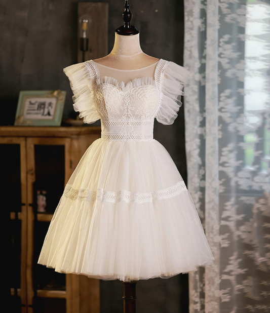 Cute White Homecoming Dress , Embroidered Tulle Pretty Corset Short Prom Dress Cami Dress RS1693