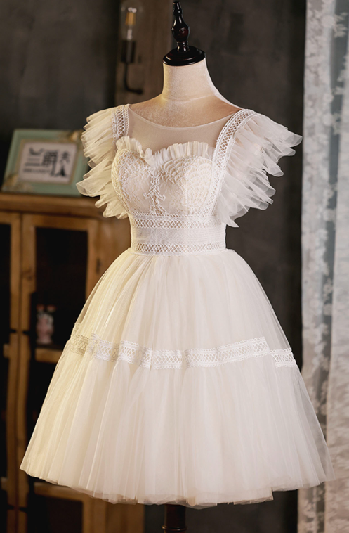 Cute White Homecoming Dress , Embroidered Tulle Pretty Corset Short Prom Dress Cami Dress RS1693