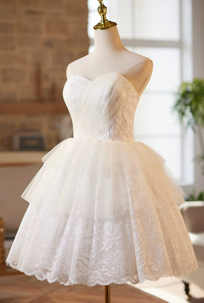Minimalist White Lace A-Line Strapless Corset Mini Birthday Dress Homecoming Dress RS445
