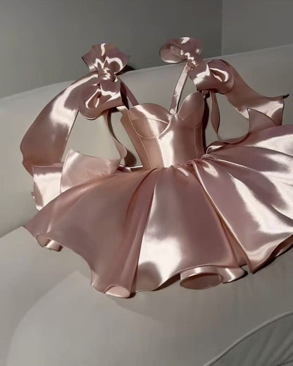 Sweet Blush Pink/Red A-Line Bow-knot Spaghetti Straps Bodycon Mini Birthday Dress Homecoming Dress RS206