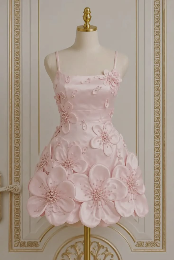 Sweet Blush Pink A-Line Spaghetti Straps Applique Corset Mini Birthday Dress Homecoming Dress RS648