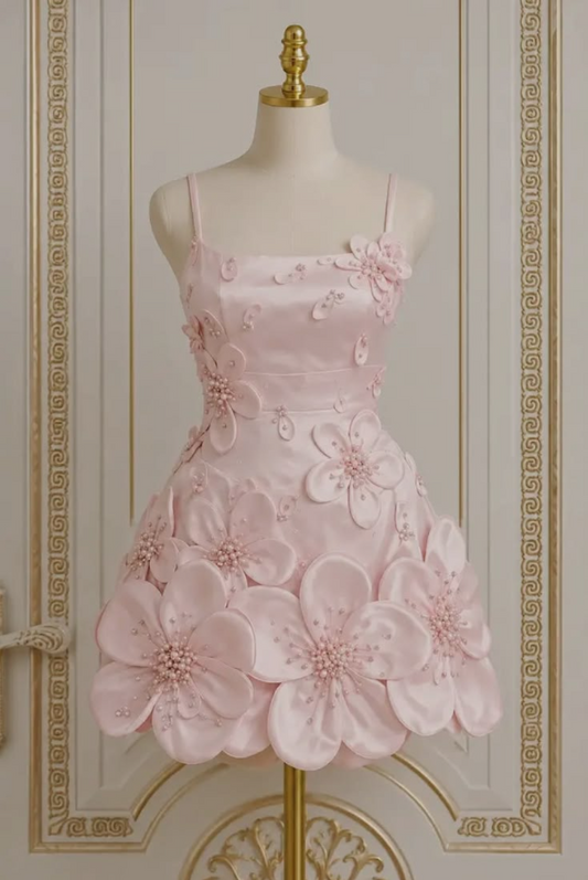 Sweet Blush Pink A-Line Spaghetti Straps Applique Corset Mini Birthday Dress Homecoming Dress RS648