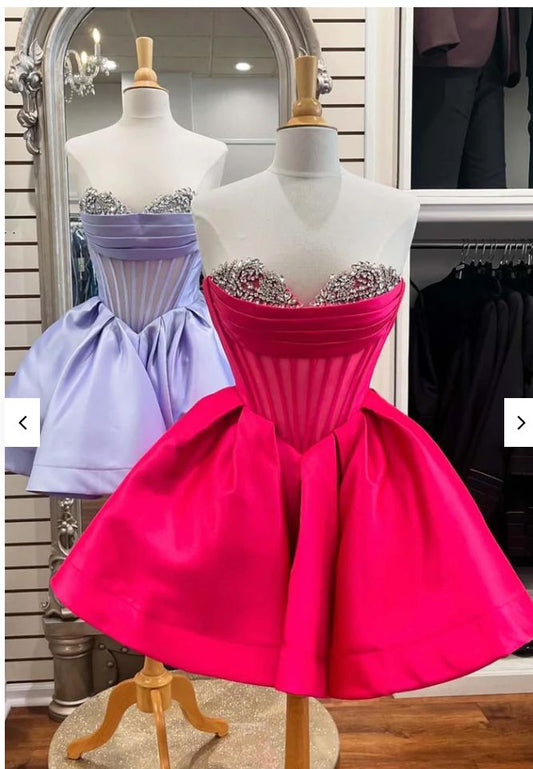 French Chic Hot Pink/Lavender A-Line Strapless Satin Corset Mini Dress Homecoming Dress RS202