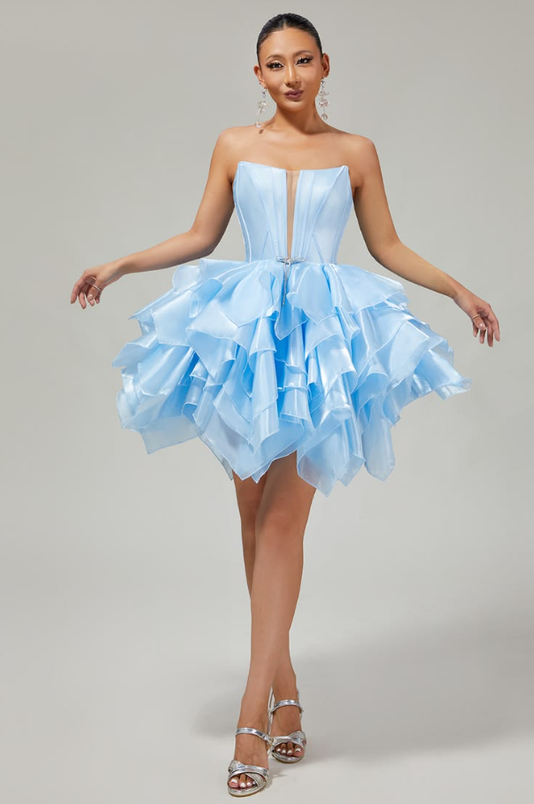 Niche Pale Blue Ruffled A-Line Strapless Corset Mini Prom Dress Homecoming Dress RS649