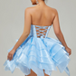 Niche Pale Blue Ruffled A-Line Strapless Corset Mini Prom Dress Homecoming Dress RS649