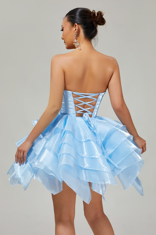 Niche Pale Blue Ruffled A-Line Strapless Corset Mini Prom Dress Homecoming Dress RS649