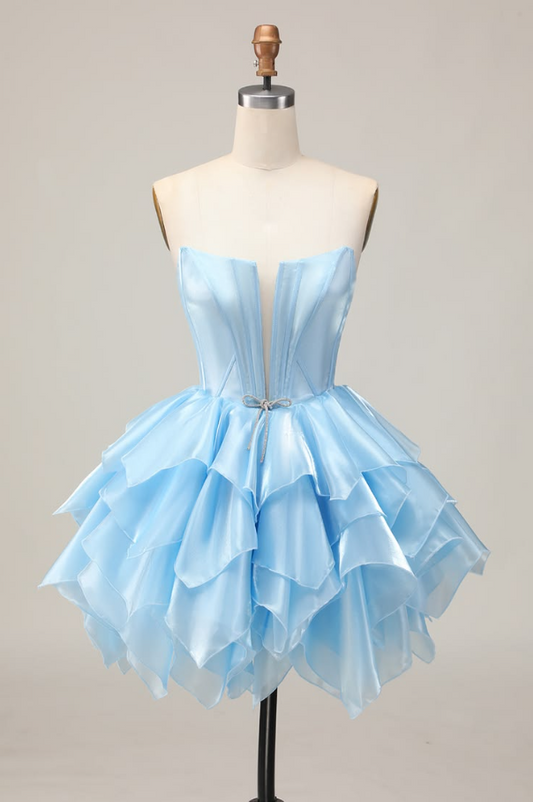 Niche Pale Blue Ruffled A-Line Strapless Corset Mini Prom Dress Homecoming Dress RS649