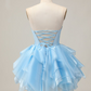 Niche Pale Blue Ruffled A-Line Strapless Corset Mini Prom Dress Homecoming Dress RS649