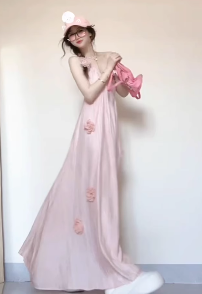 Large French pure pink flower dress beautiful suspender dress for seaside vacation R1827