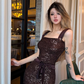 Thousand gold sequined suspender dress 2025 pure desire style bow tie hip skirt R1410