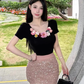 Sweet and spicy design three-dimensional flower short tops for women 2025 hip skirt suit R1075