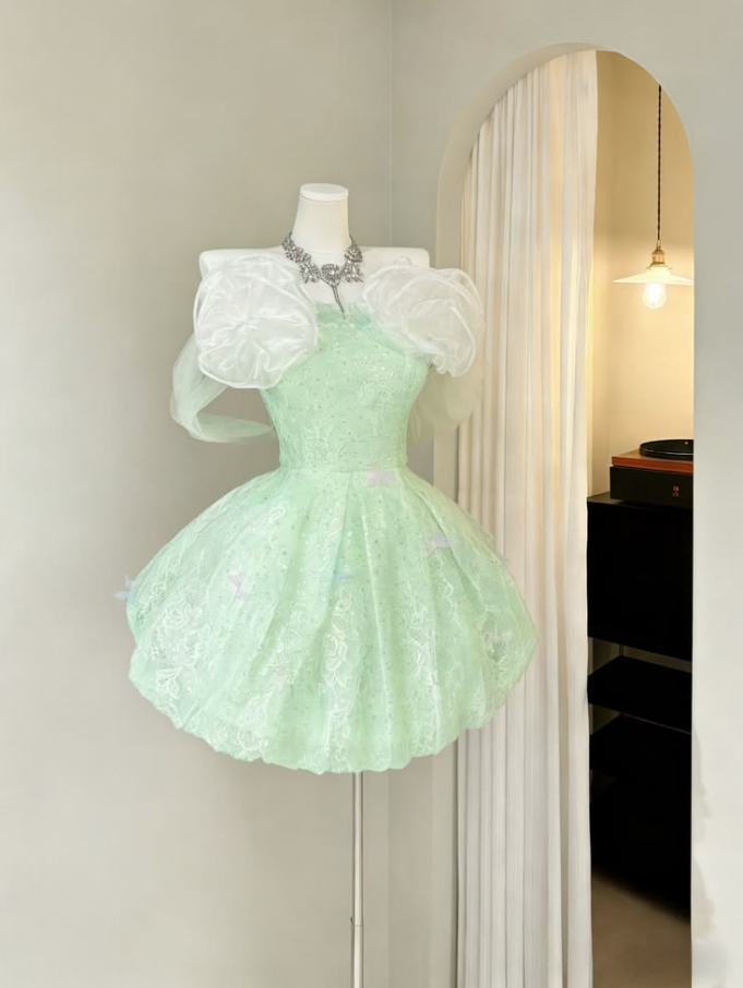 Fresh Soft Green A-Line Off-the-shoulder Applique Corset Mini Prom Dress Homecoming Dress RS651