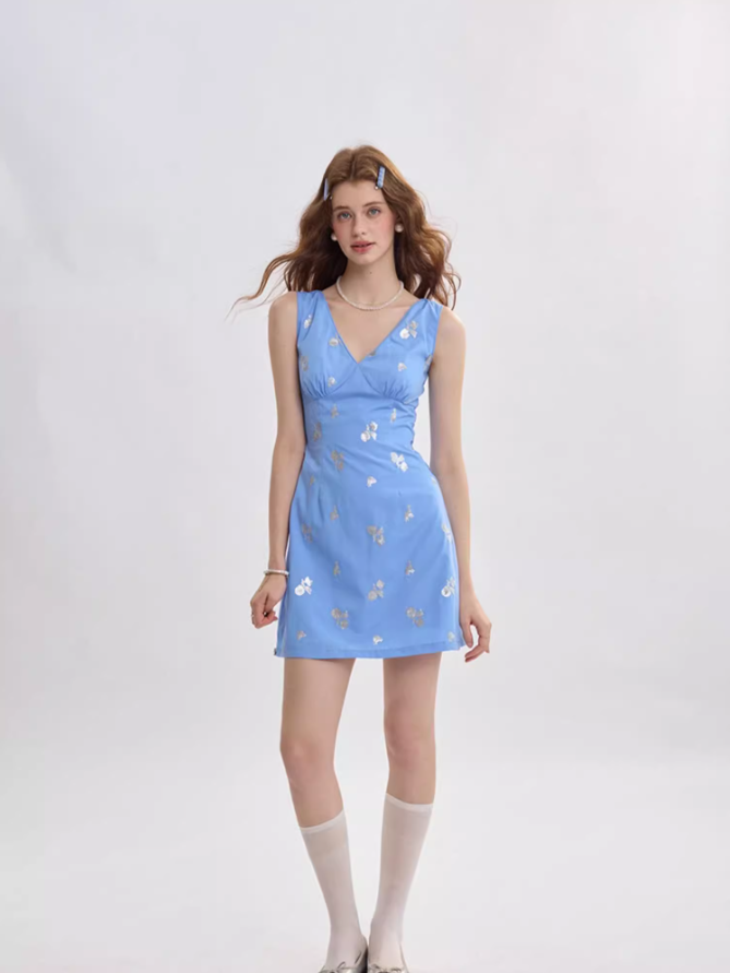 French suspender skirt blue short dress floral skirt R2750