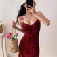 French retro wine red floral sling dress mesh hip skirt R2854