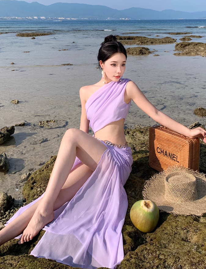 Photo skirt waist-baring one-shoulder dress design seaside atmosphere holiday beach skirt R1592
