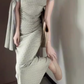 Gentle temperament gray polka dot off-shoulder dress with slim waist and hip skirt R0859