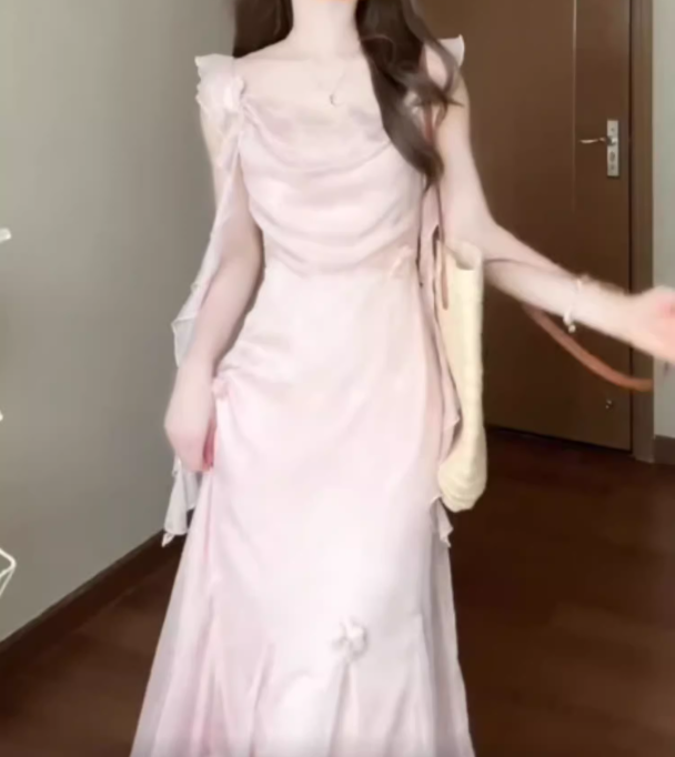 Pink small flying sleeve dress beautiful fairy dress medium length R0700