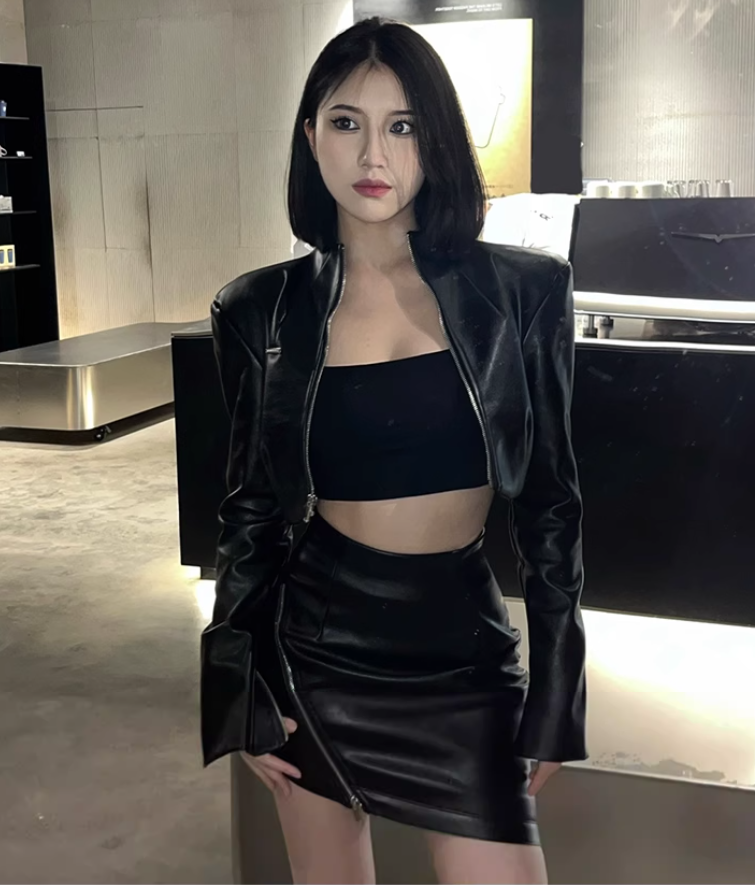 Sweet and spicy high-grade leather jacket 2025 plus size hot girl sexy hip skirt suit R1162