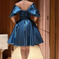 Blue Satin Off-the-shoulder Slim Waist Puffy Skirt Short Skirt Homecoming Dress R5586
