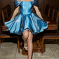 Blue Satin Off-the-shoulder Slim Waist Puffy Skirt Short Skirt Homecoming Dress R5586