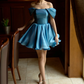 Blue Satin Off-the-shoulder Slim Waist Puffy Skirt Short Skirt Homecoming Dress R5586