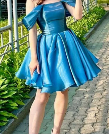 Blue Satin Off-the-shoulder Slim Waist Puffy Skirt Short Skirt Homecoming Dress R5586