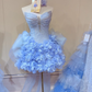 Light blue tube top with diamonds sexy waist slimming puffy skirt short skirt homecoming dress R4167