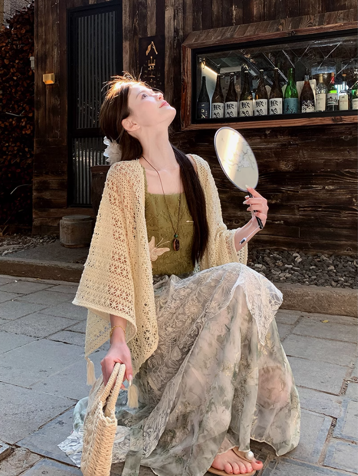 Fairy new Chinese suit butterfly embroidery sling ink dyeing skirt sweater a complete set R1747