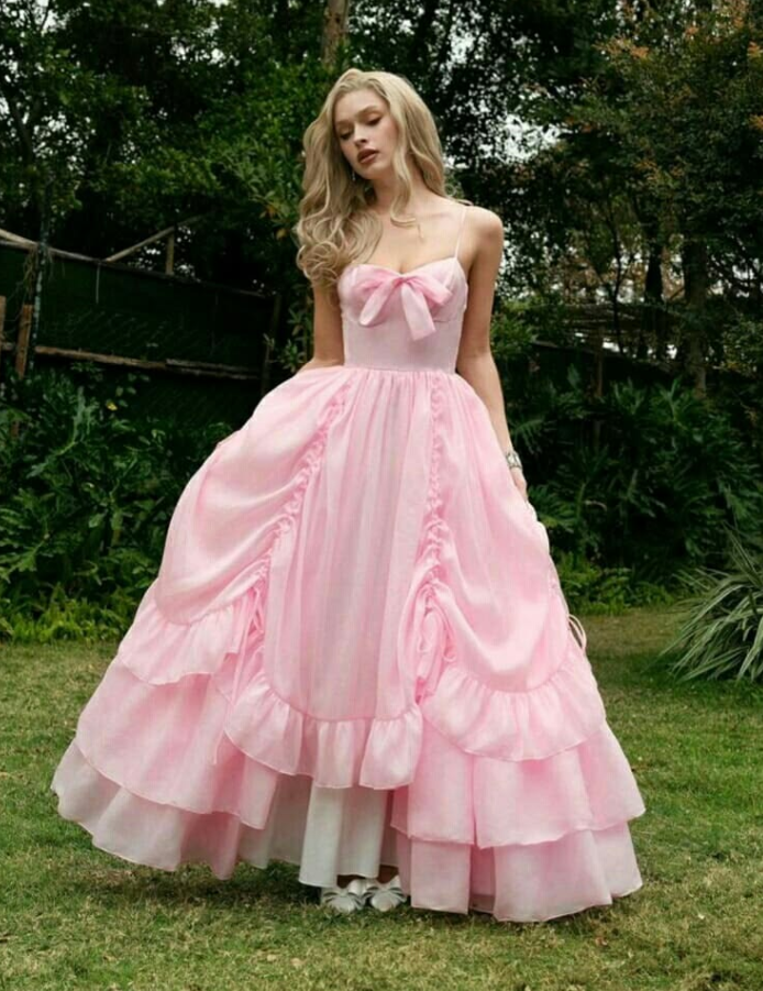 Sweet Ruffled Puffy Prom Gown , Pink Women's Maxi Evening Dress Birthday Dress RS2724