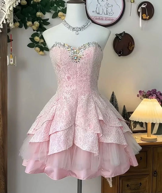 Pink tube top neckline diamond-studded slim fit homecoming dress R2546