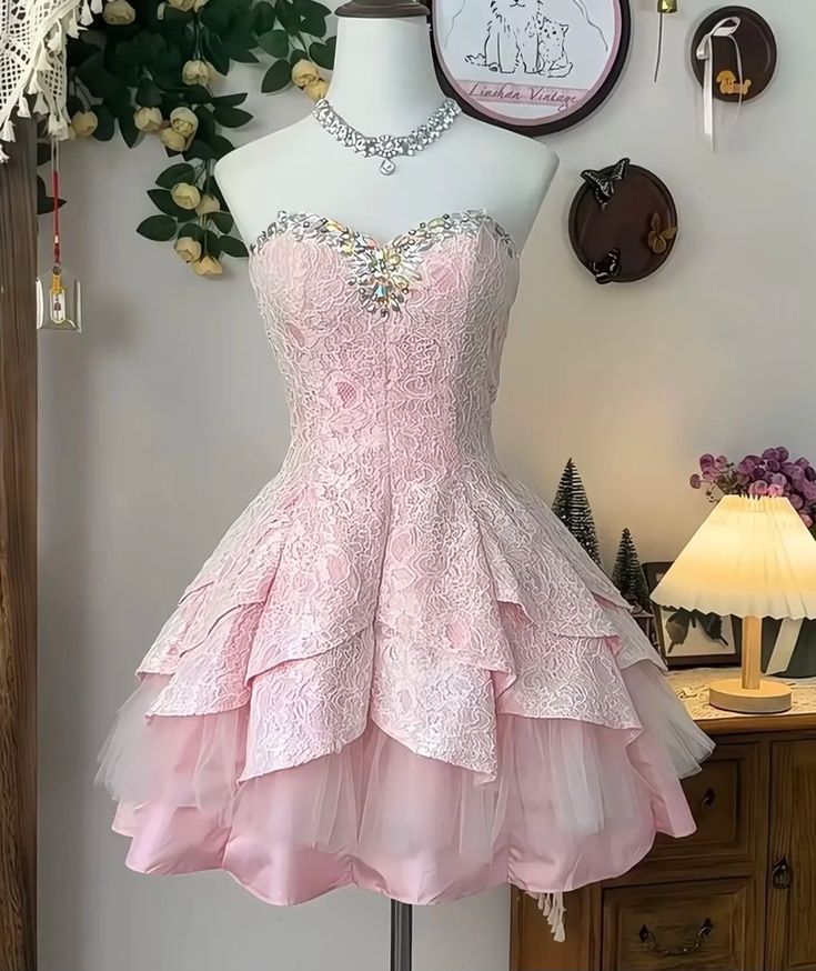 Pink tube top neckline diamond-studded slim fit homecoming dress R2546