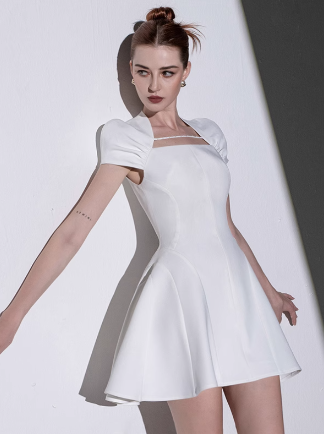 French white satin short-sleeved banquet temperament slim dress dress homecoming dress R2983