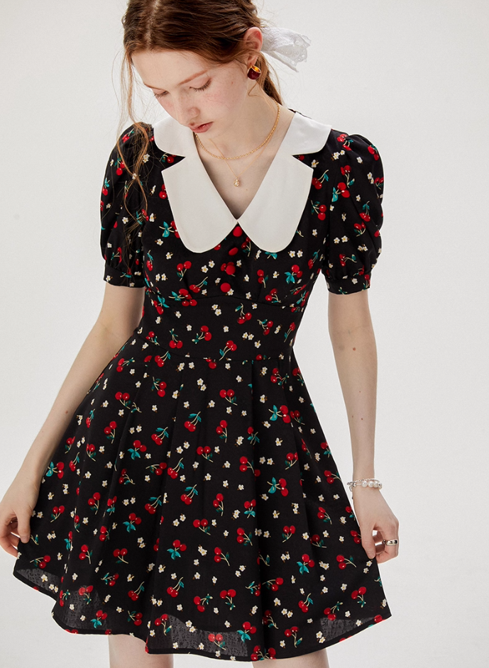Baby collar floral dress French style black dress petite short dress female summer new style R3561
