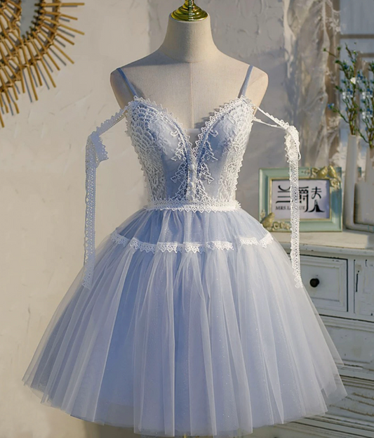 Dreamy Blue Homecoming Dress , Embroidered Elegant Tulle Corset Short Prom Dress Cami Dress RS1694