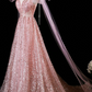 Elegant Light Pink Glitter A-Line Sheer Straps Maxi Prom Dress Evening Dress RS459