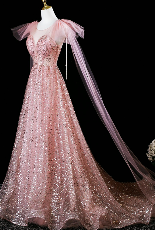 Elegant Light Pink Glitter A-Line Sheer Straps Maxi Prom Dress Evening Dress RS459