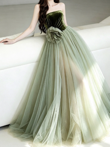 Tulle Puffy Corset Prom Gown , Green Dreamy Women's Maxi Evening Dress Birthday Dress RS2520
