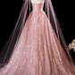 Elegant Light Pink Glitter A-Line Sheer Straps Maxi Prom Dress Evening Dress RS459