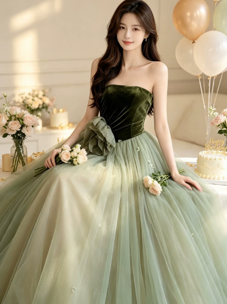 Tulle Puffy Corset Prom Gown , Green Dreamy Women's Maxi Evening Dress Birthday Dress RS2520