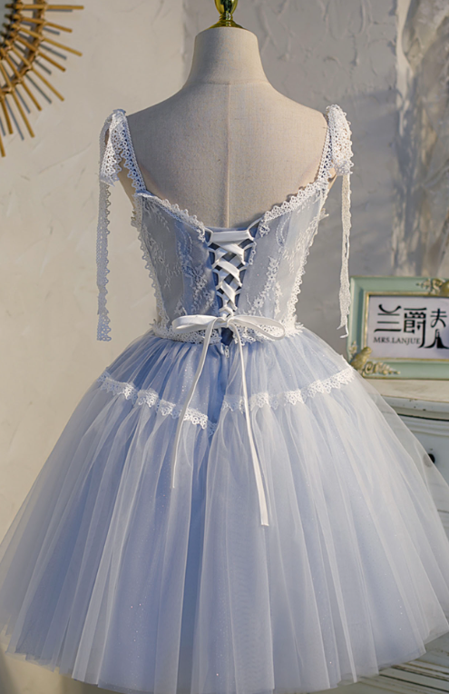 Dreamy Blue Homecoming Dress , Embroidered Elegant Tulle Corset Short Prom Dress Cami Dress RS1694